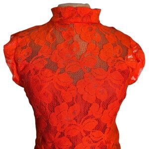 Vintage and Vibrant Orange Lace Top stand collar buttons in back size 4-6